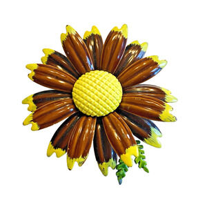 Vintage 1960’s Flower Power Brooch Unique Yellow Brown Green Enamel Dimensional